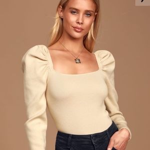 Lulus Beige Puff Sleeve Sweater Top: Size Small